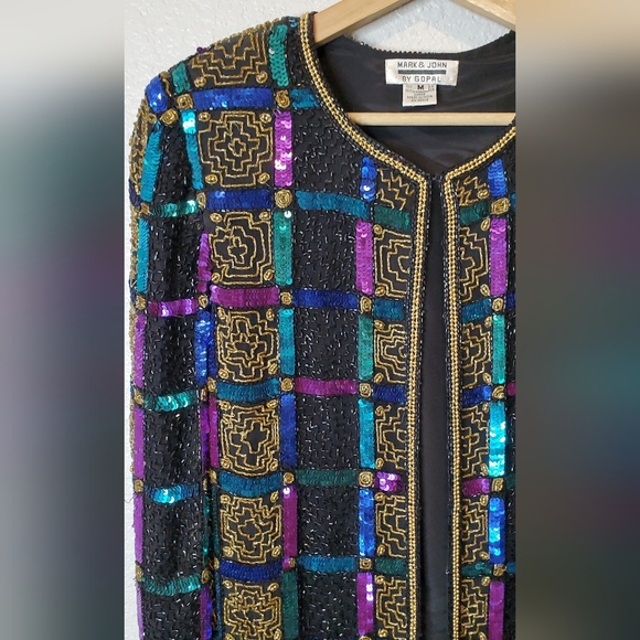 Mark & John By Gopal Colorful Pure Silk Beaded Sequin Dressy Jacket Medium - Picture 2 of 7